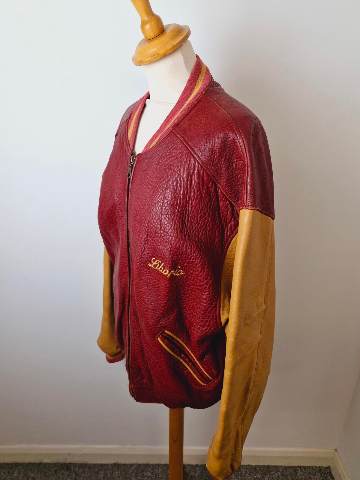 Mens Vintage Real Leather Varsity Bomber Jacket Coat Retro L
