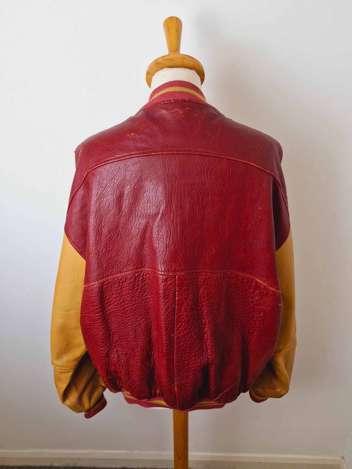 Mens Vintage Real Leather Varsity Bomber Jacket Coat Retro L