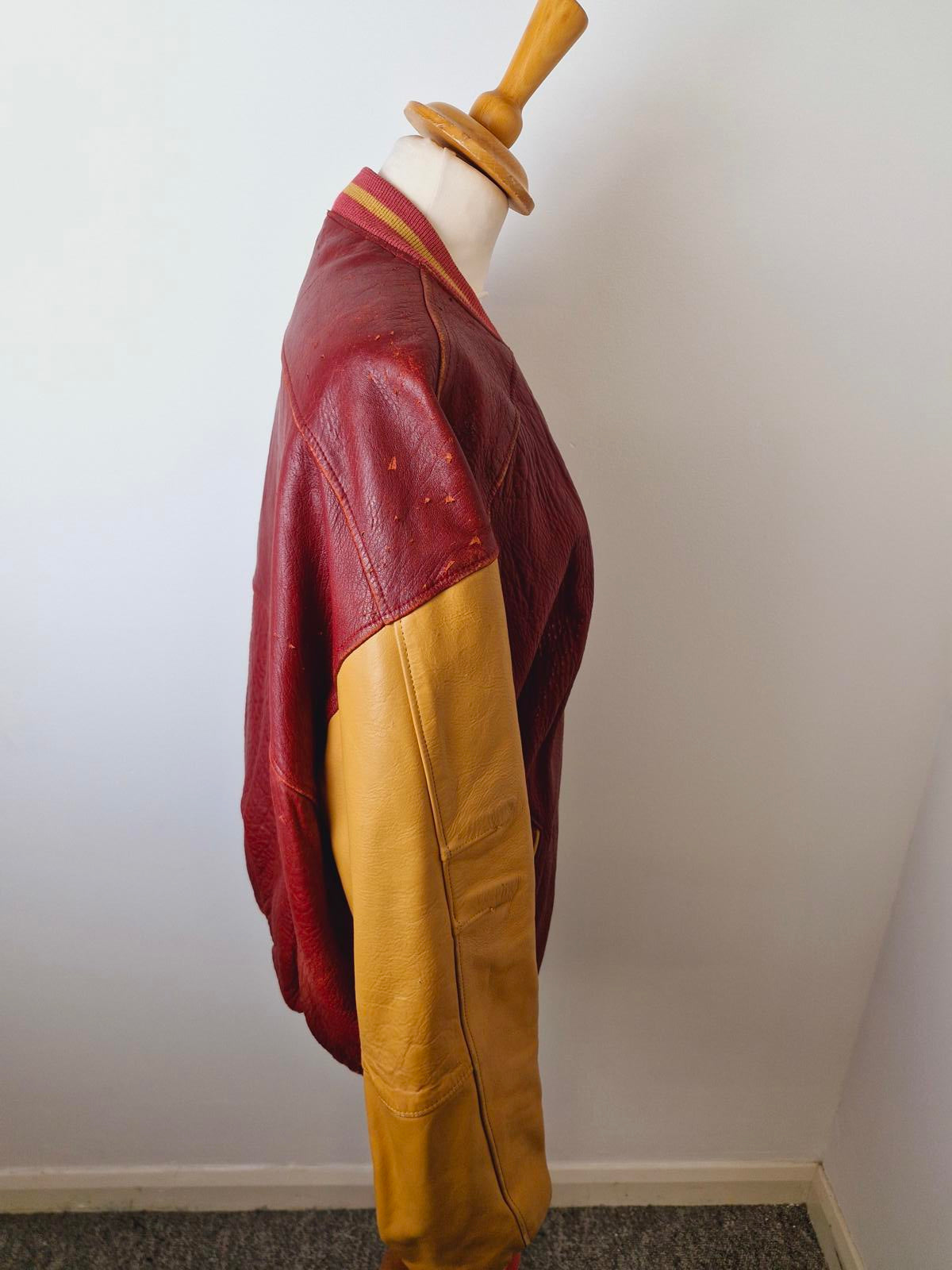 Mens Vintage Real Leather Varsity Bomber Jacket Coat Retro L