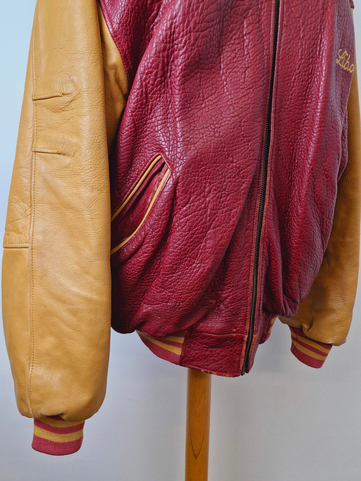 Mens Vintage Real Leather Varsity Bomber Jacket Coat Retro L