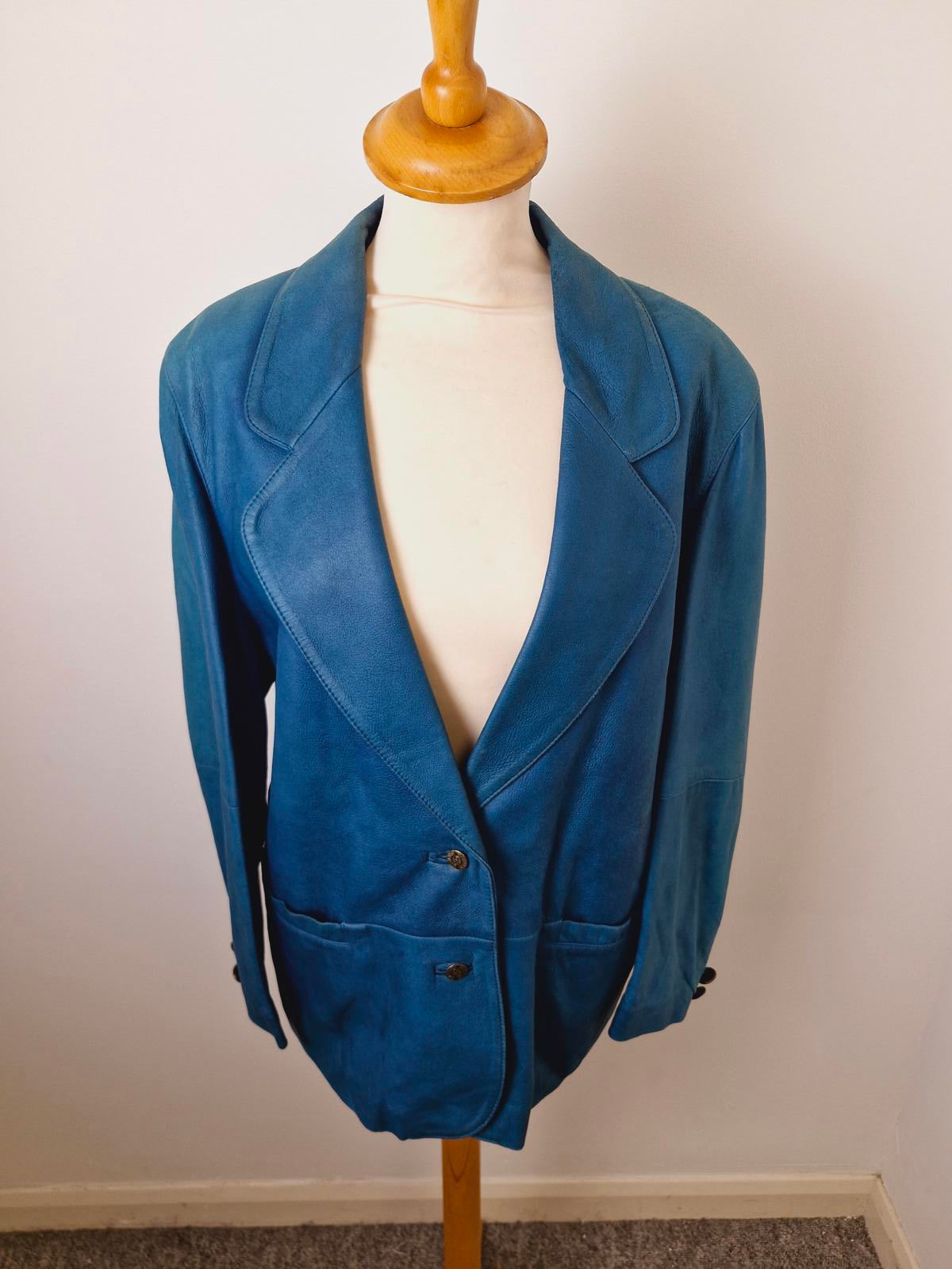 Womens Vintage Blue Real Leather Jacket Coat Blazer UK14