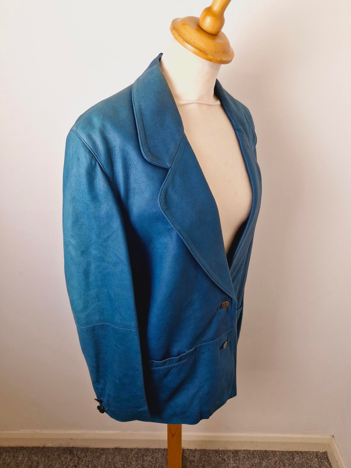 Womens Vintage Blue Real Leather Jacket Coat Blazer UK14