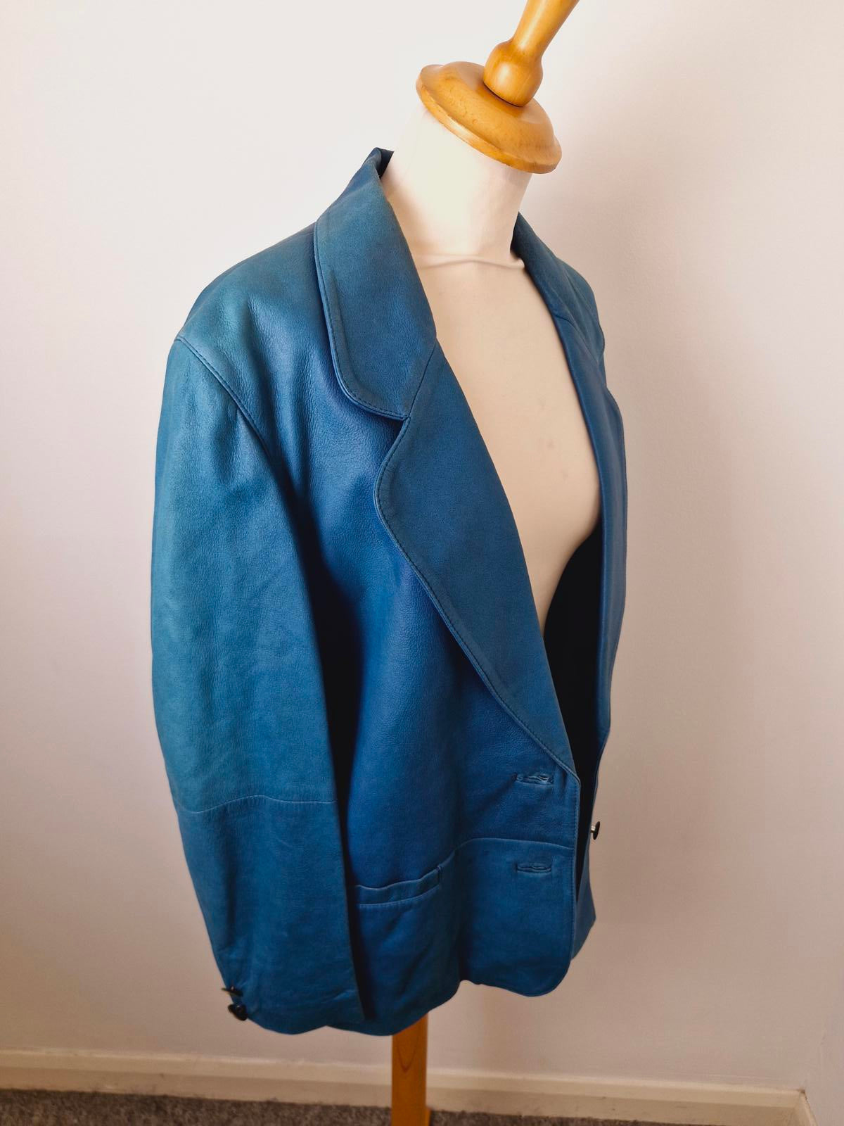 Womens Vintage Blue Real Leather Jacket Coat Blazer UK14