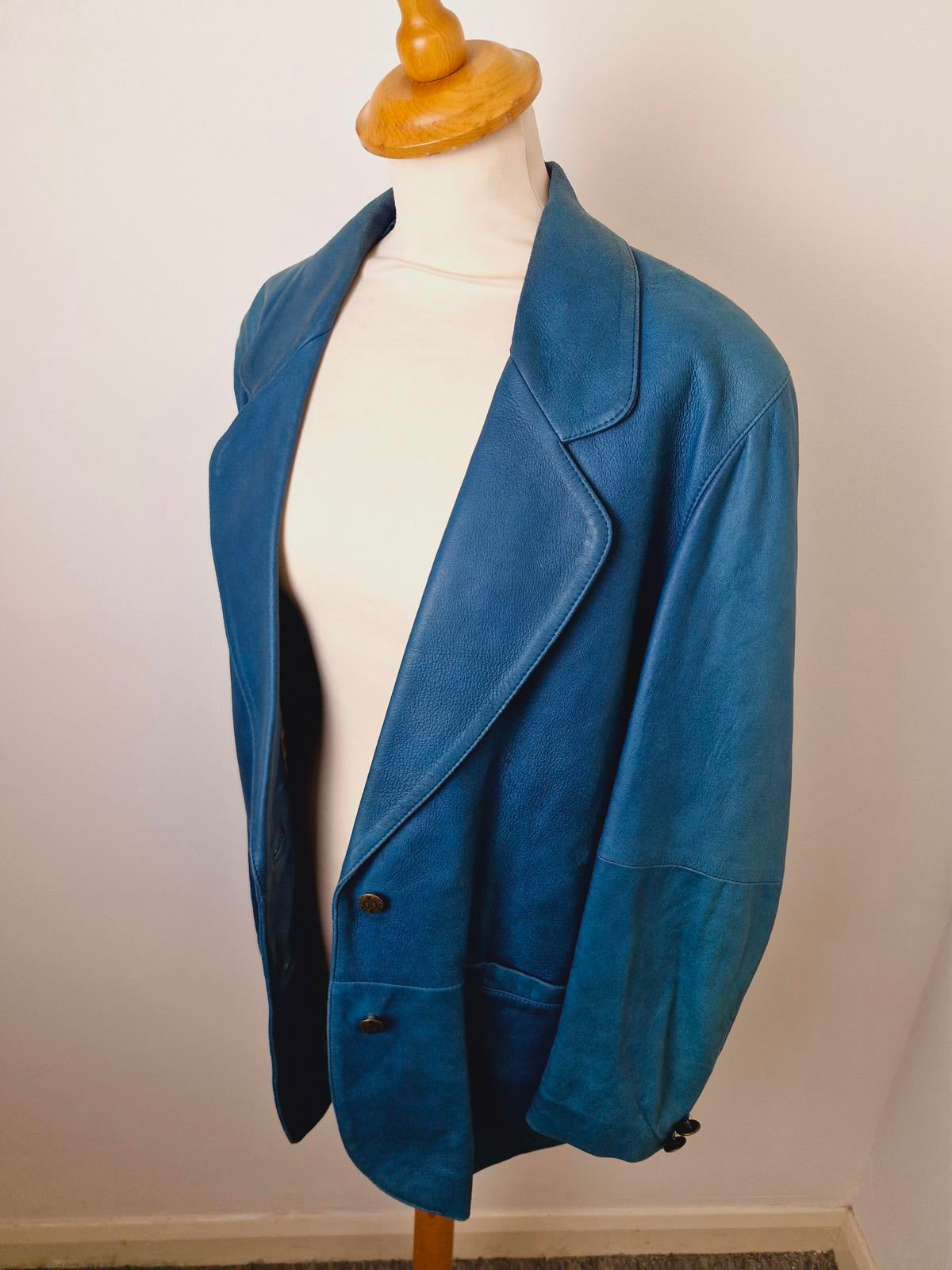 Womens Vintage Blue Real Leather Jacket Coat Blazer UK14