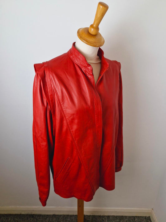 Womens Vintage 1980s 80s Red Real Leather Jacket Coat UK14