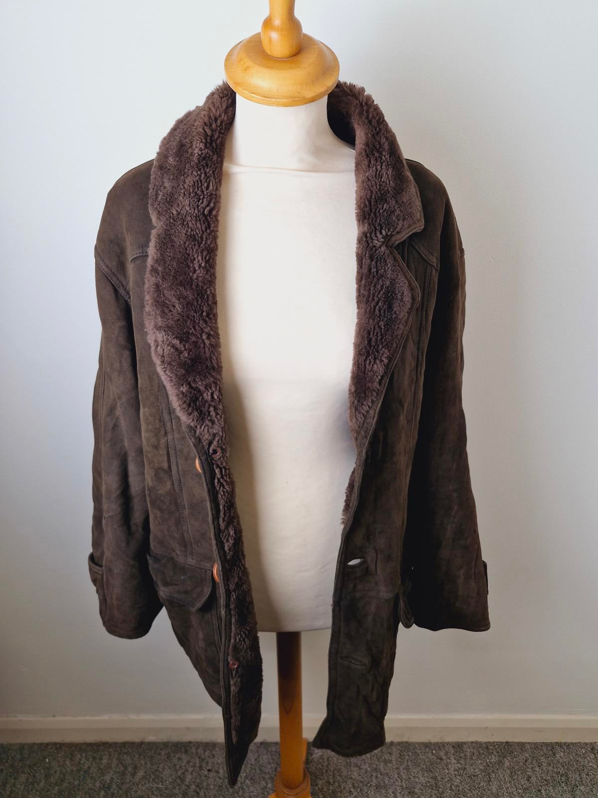 Mens Vintage Brown Suede Shearling Sheepskin Coat Jacket M