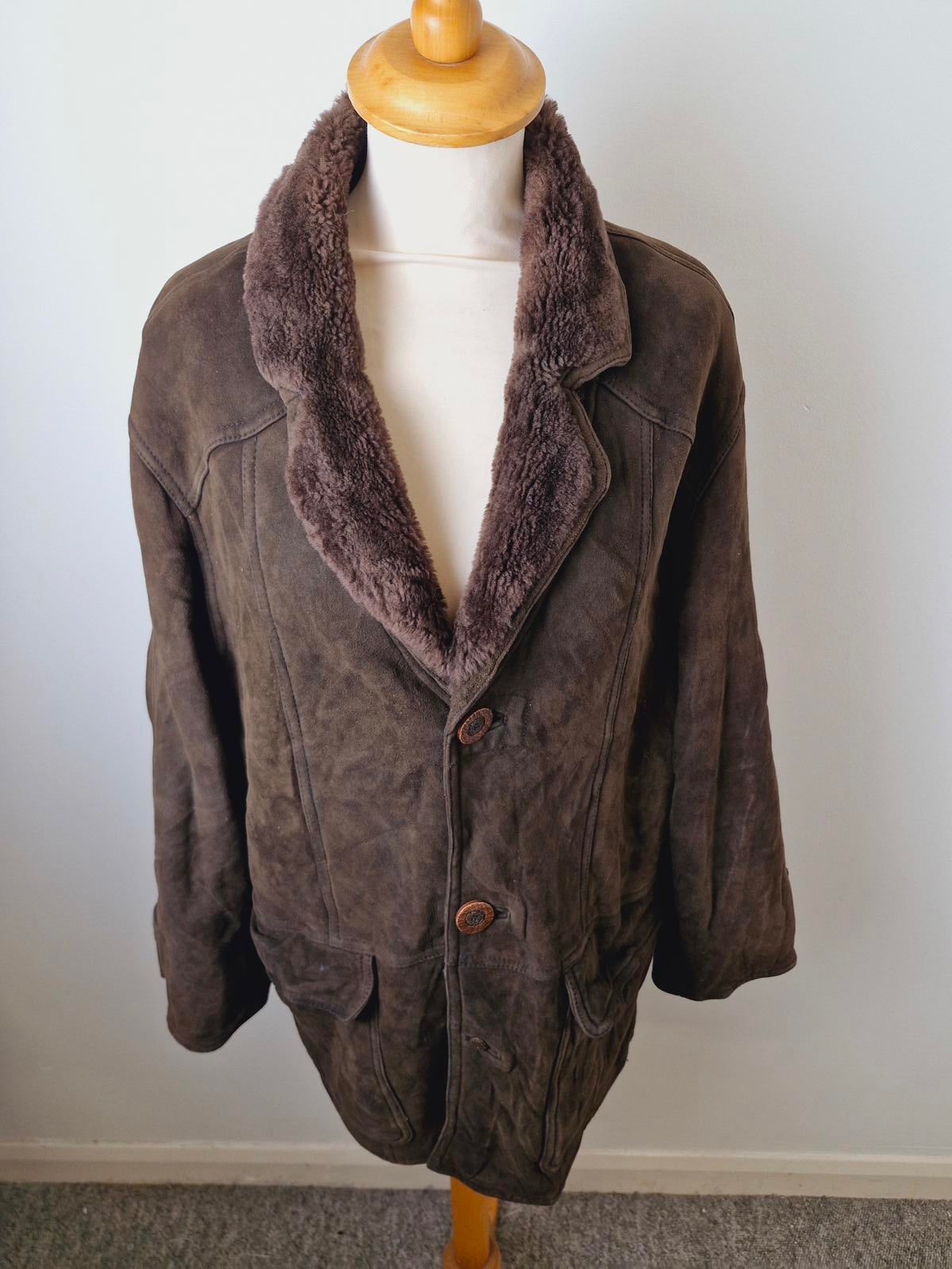 Mens Vintage Brown Suede Shearling Sheepskin Coat Jacket M