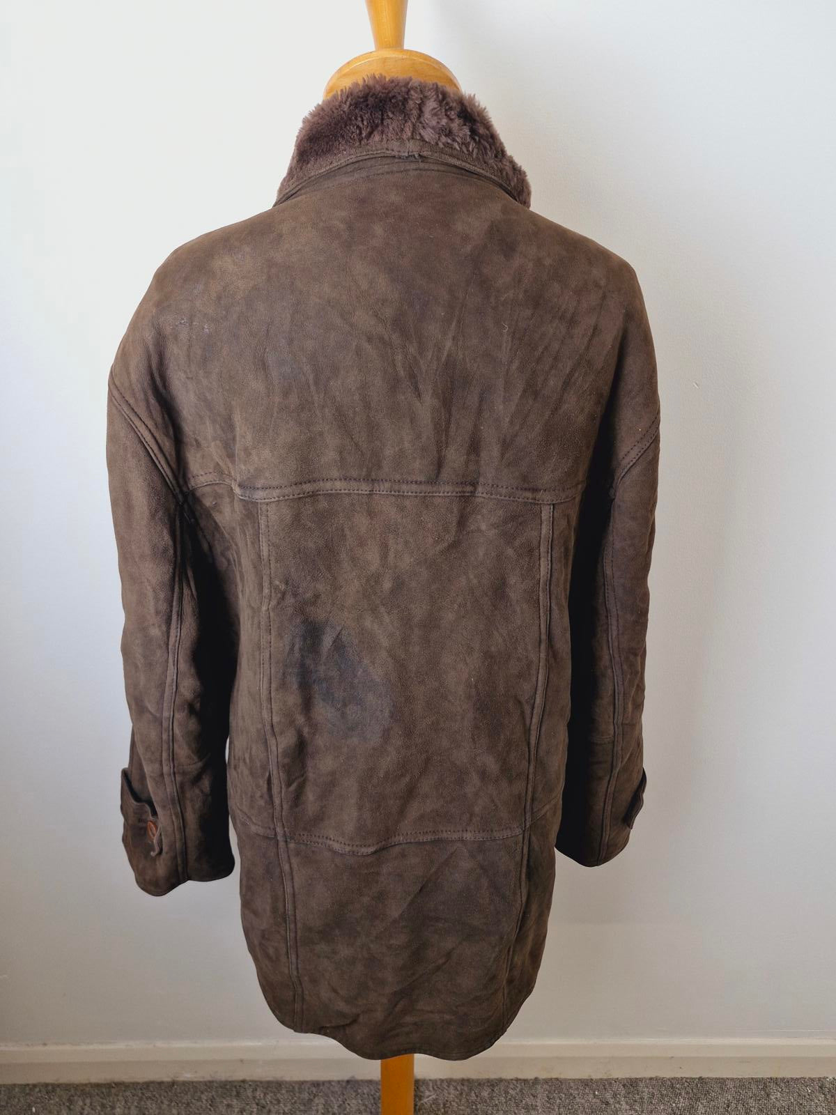 Mens Vintage Brown Suede Shearling Sheepskin Coat Jacket M