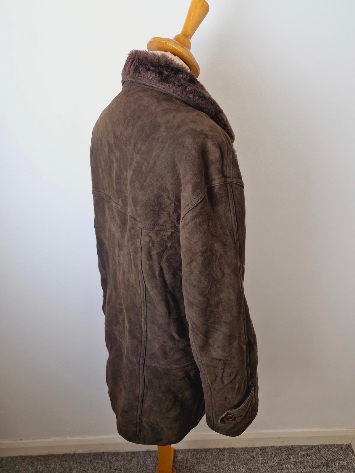 Mens Vintage Brown Suede Shearling Sheepskin Coat Jacket M