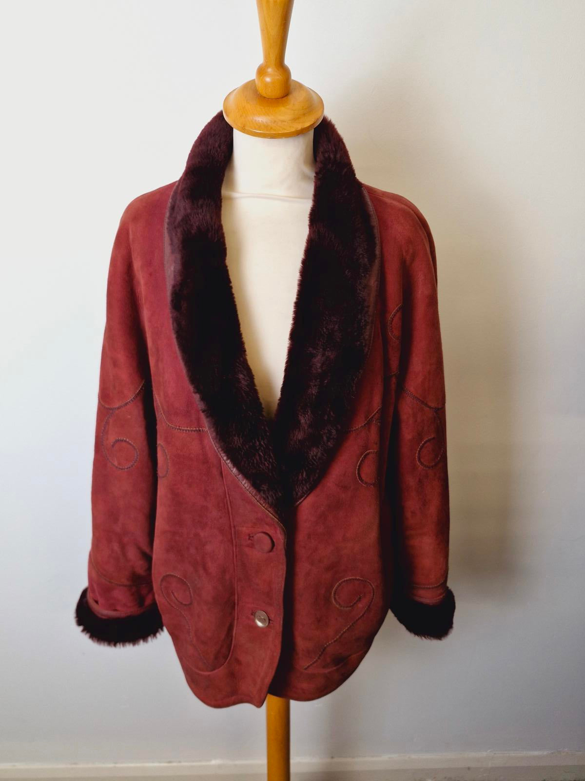 Womens Vintage Suede Sheepskin Shearling Leather Coat Jacket XL UK18