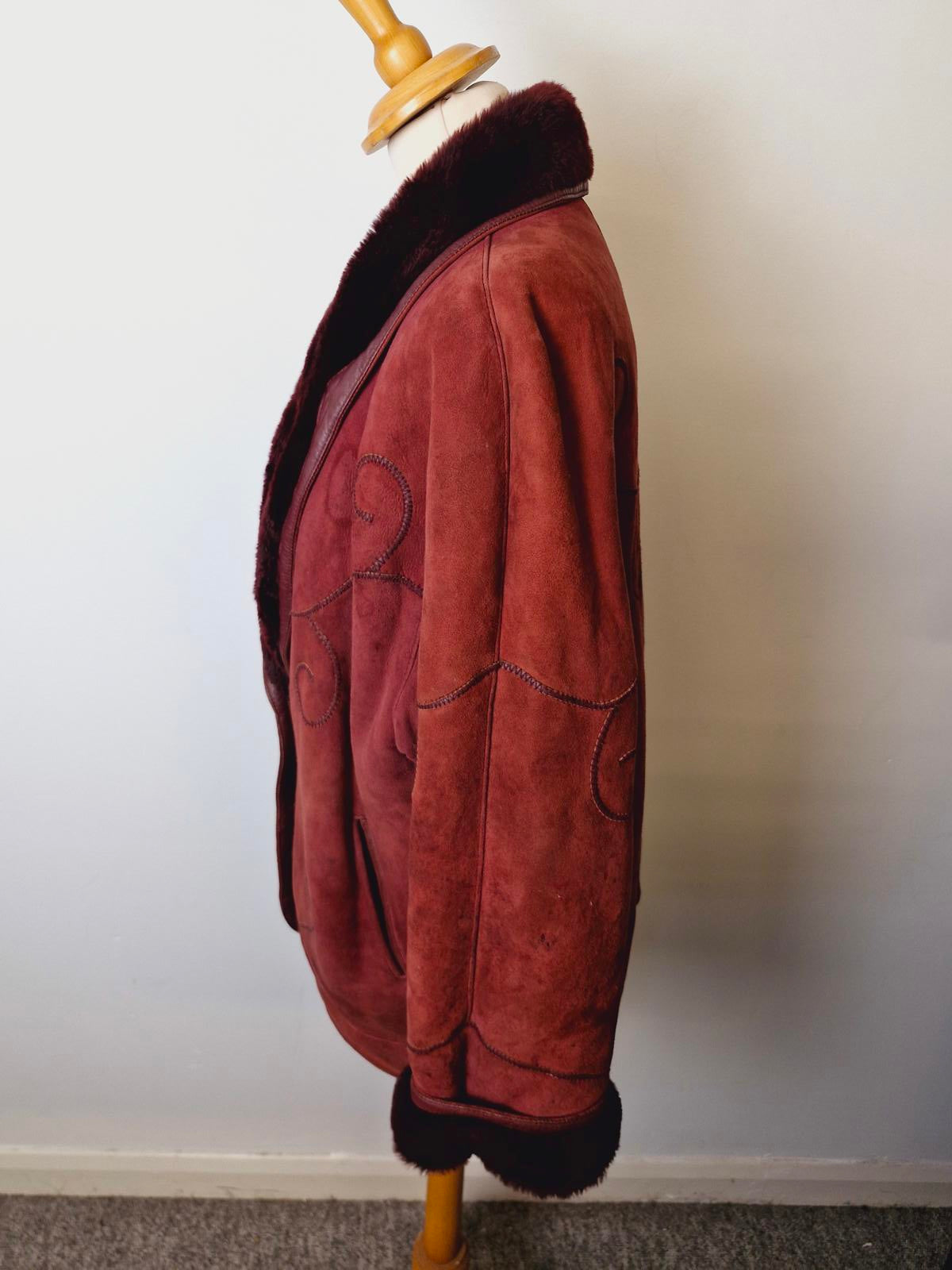 Womens Vintage Suede Sheepskin Shearling Leather Coat Jacket XL UK18