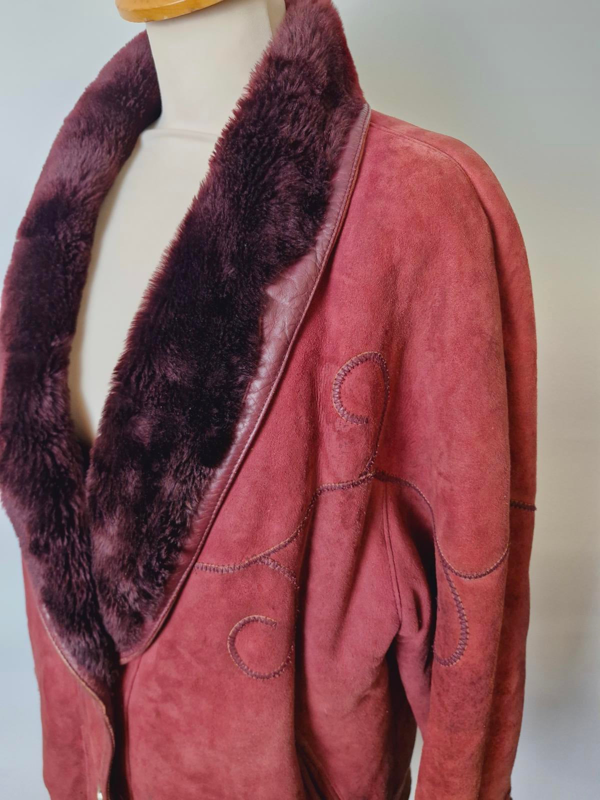 Womens Vintage Suede Sheepskin Shearling Leather Coat Jacket XL UK18