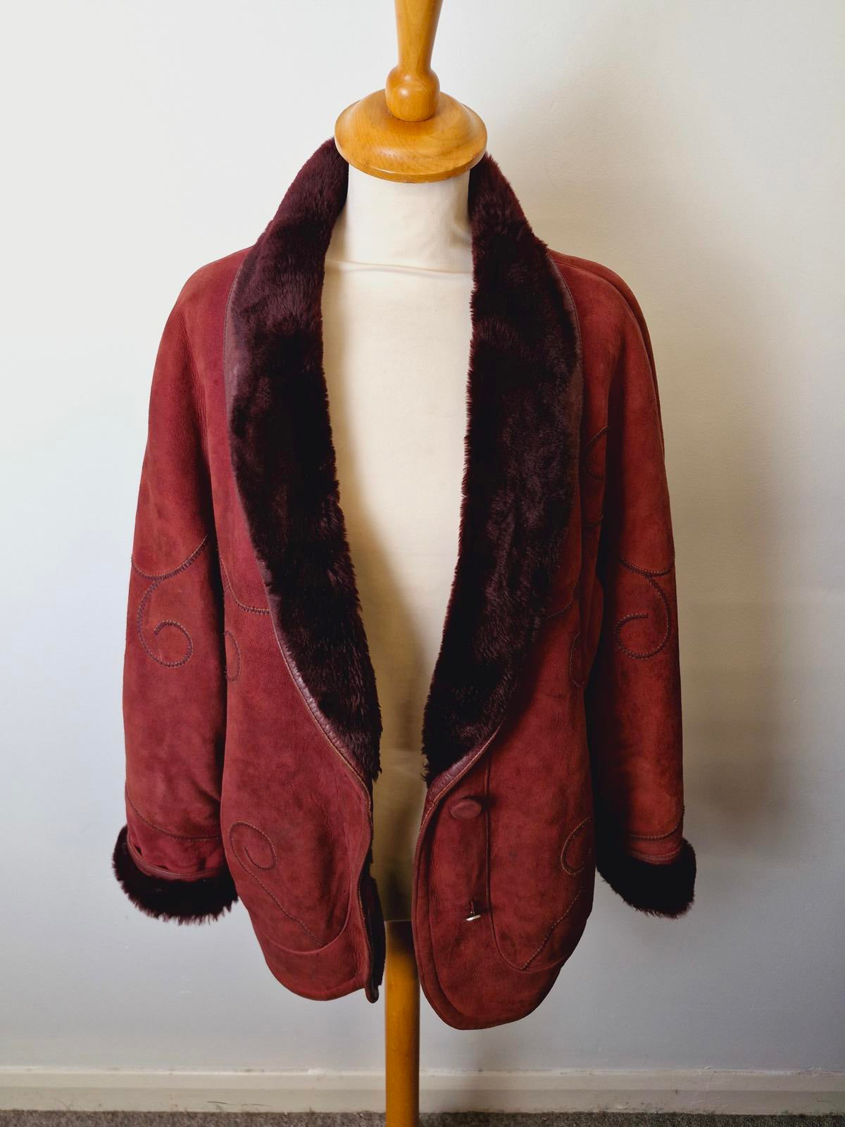 Womens Vintage Suede Sheepskin Shearling Leather Coat Jacket XL UK18