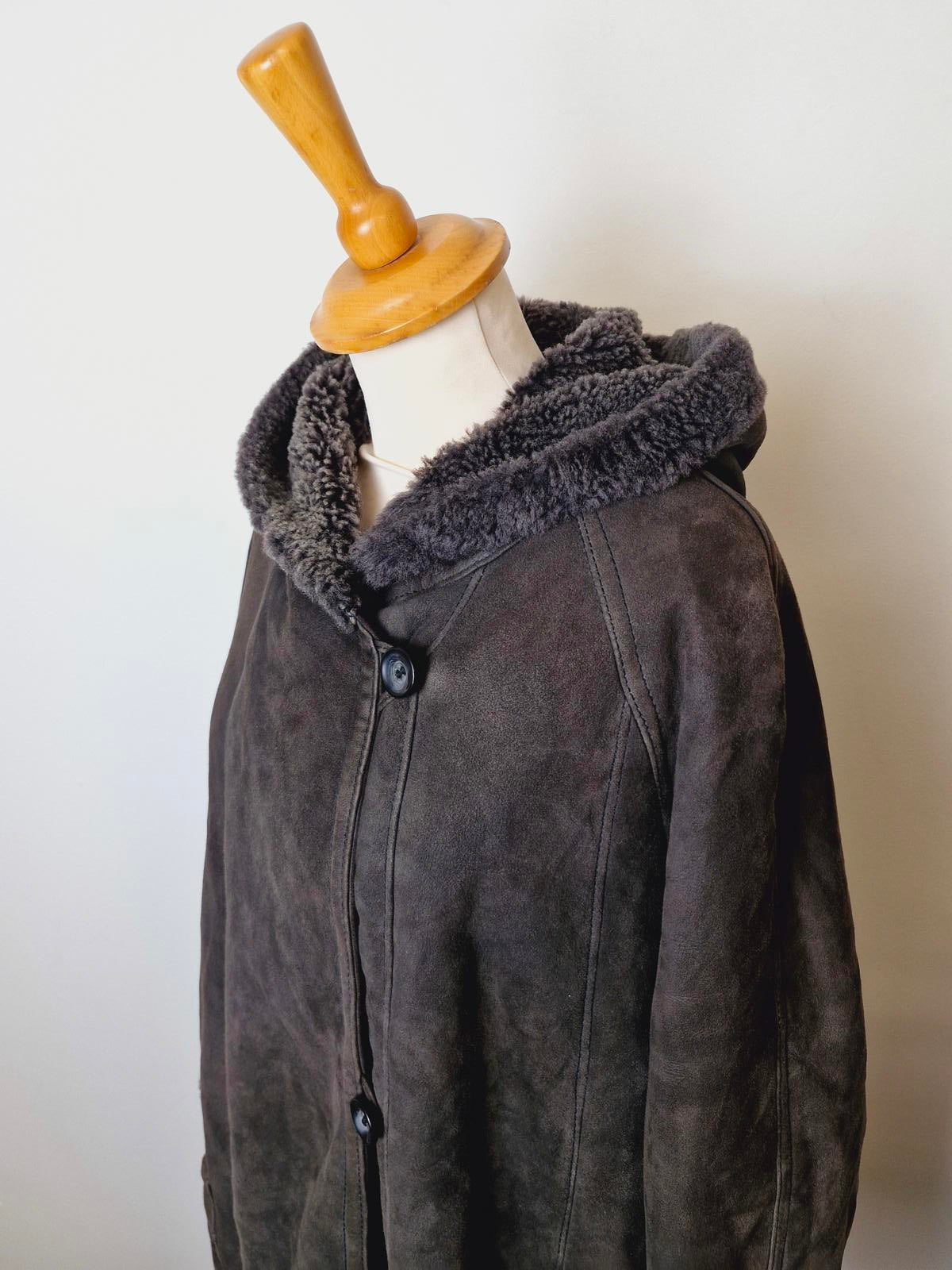Womens Vintage Suede Sheepskin Shearling Leather Coat Jacket UK12 M Hooded