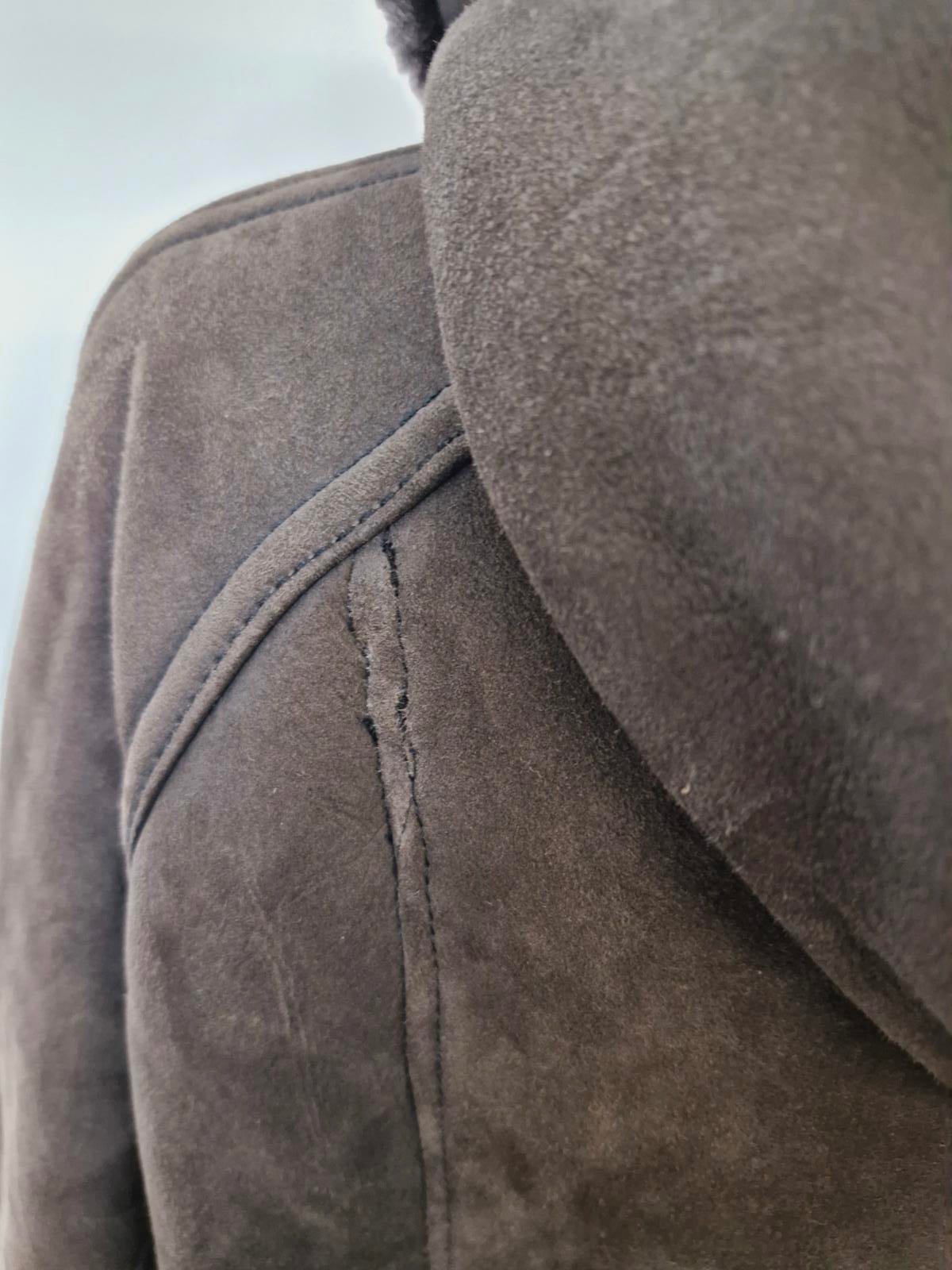 Womens Vintage Suede Sheepskin Shearling Leather Coat Jacket UK12 M Hooded