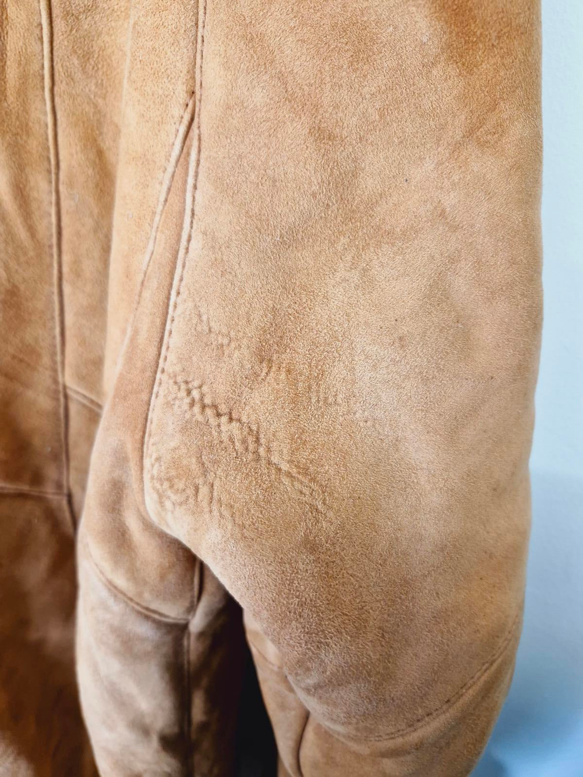 Womens Vintage Suede Sheepskin Shearling Leather Coat Jacket UK10 Tan
