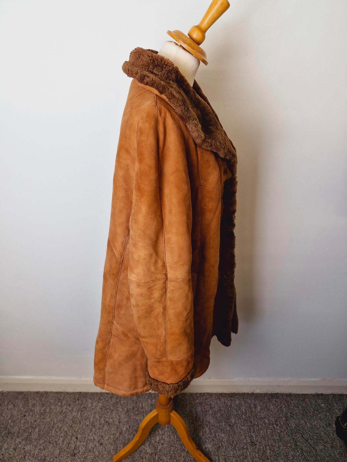 Womens Vintage Suede Sheepskin Shearling Leather Coat Jacket UK10 Tan