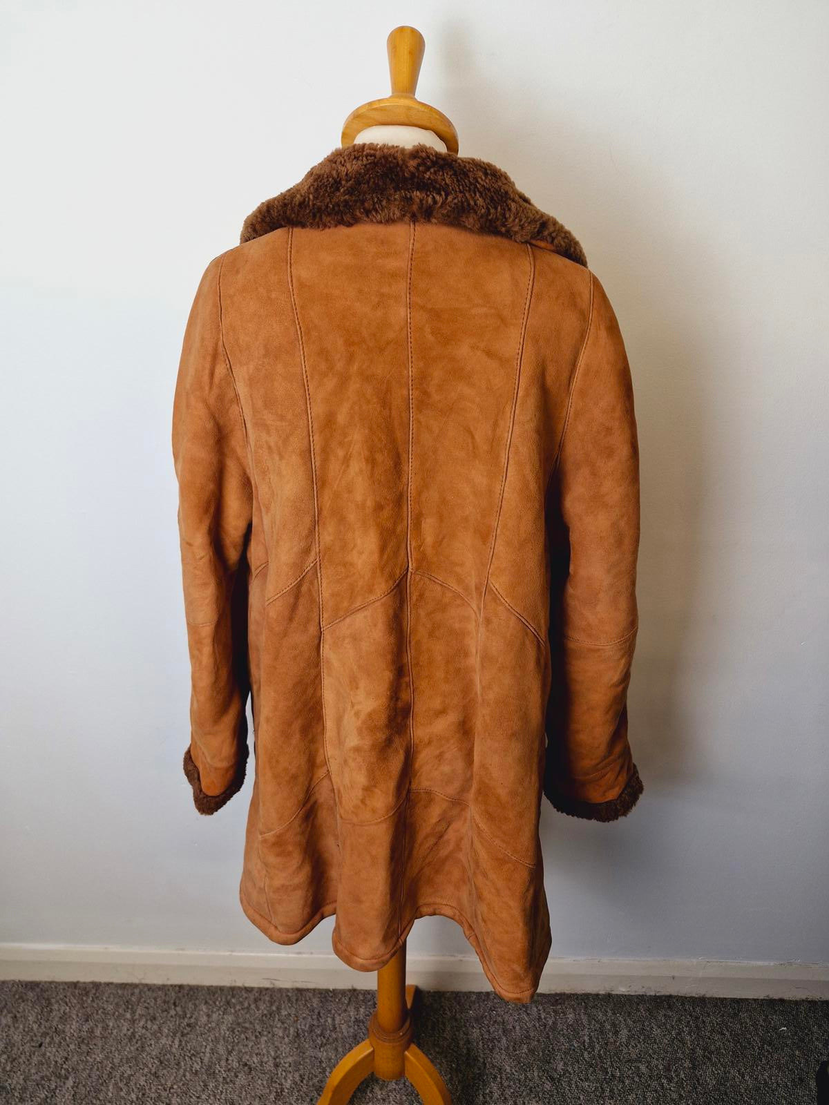 Womens Vintage Suede Sheepskin Shearling Leather Coat Jacket UK10 Tan