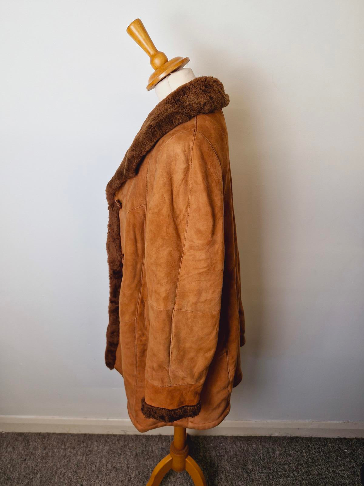 Womens Vintage Suede Sheepskin Shearling Leather Coat Jacket UK10 Tan