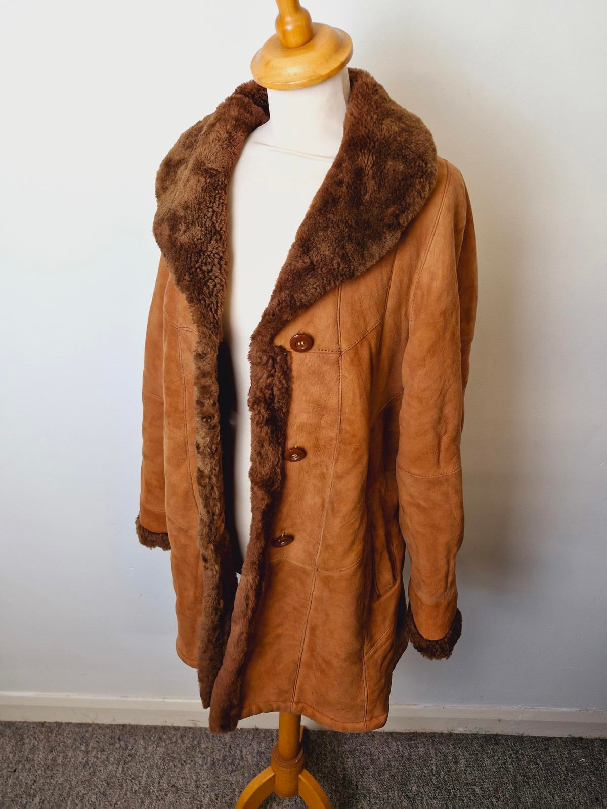 Womens Vintage Suede Sheepskin Shearling Leather Coat Jacket UK10 Tan