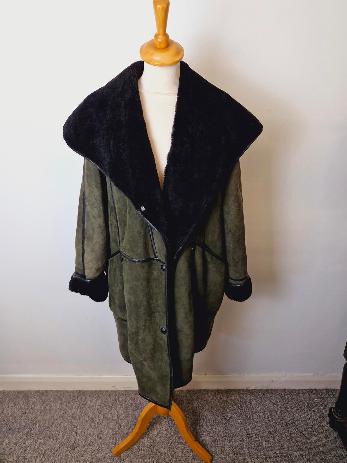 Womens Vintage Suede Sheepskin Shearling Leather Coat Jacket Green Black UK14