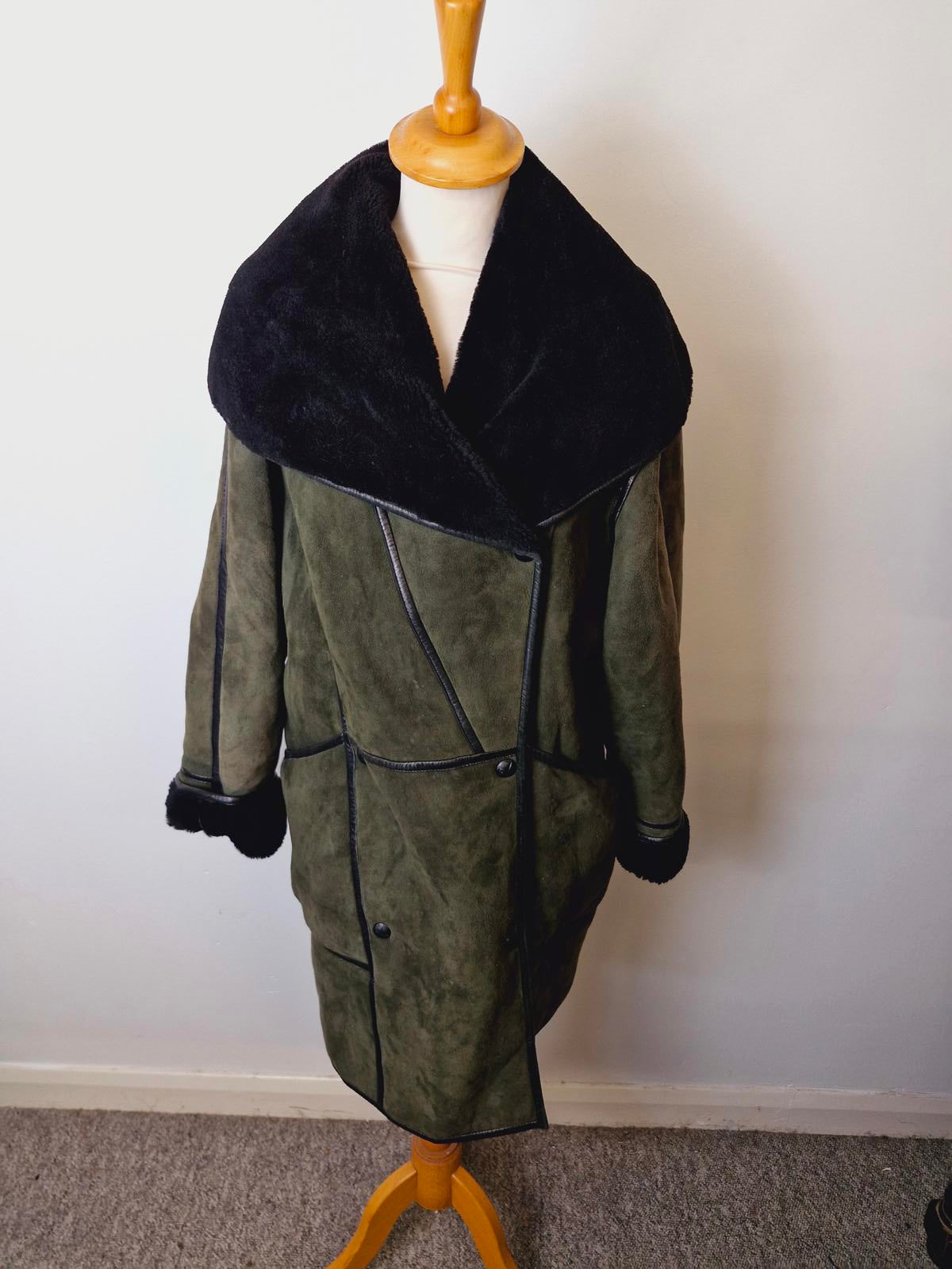 Womens Vintage Suede Sheepskin Shearling Leather Coat Jacket Green Black UK14