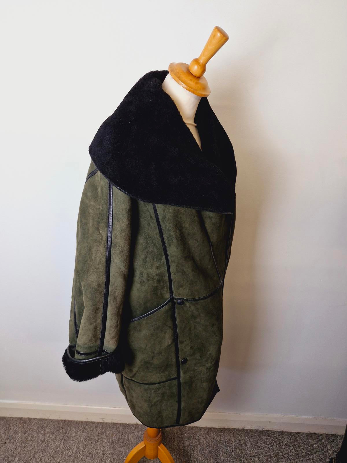 Womens Vintage Suede Sheepskin Shearling Leather Coat Jacket Green Black UK14