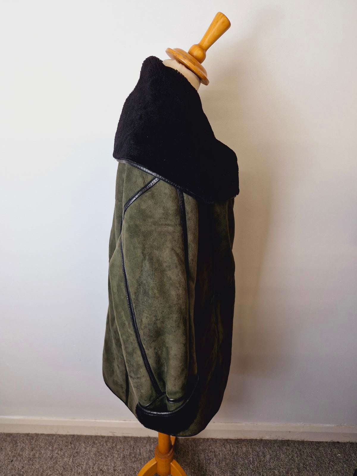 Womens Vintage Suede Sheepskin Shearling Leather Coat Jacket Green Black UK14
