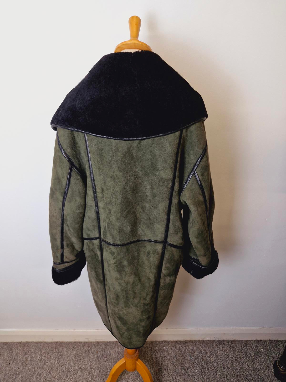 Womens Vintage Suede Sheepskin Shearling Leather Coat Jacket Green Black UK14