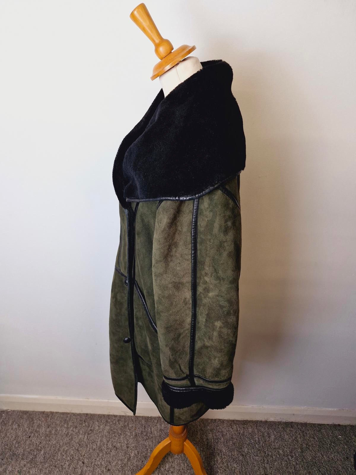 Womens Vintage Suede Sheepskin Shearling Leather Coat Jacket Green Black UK14