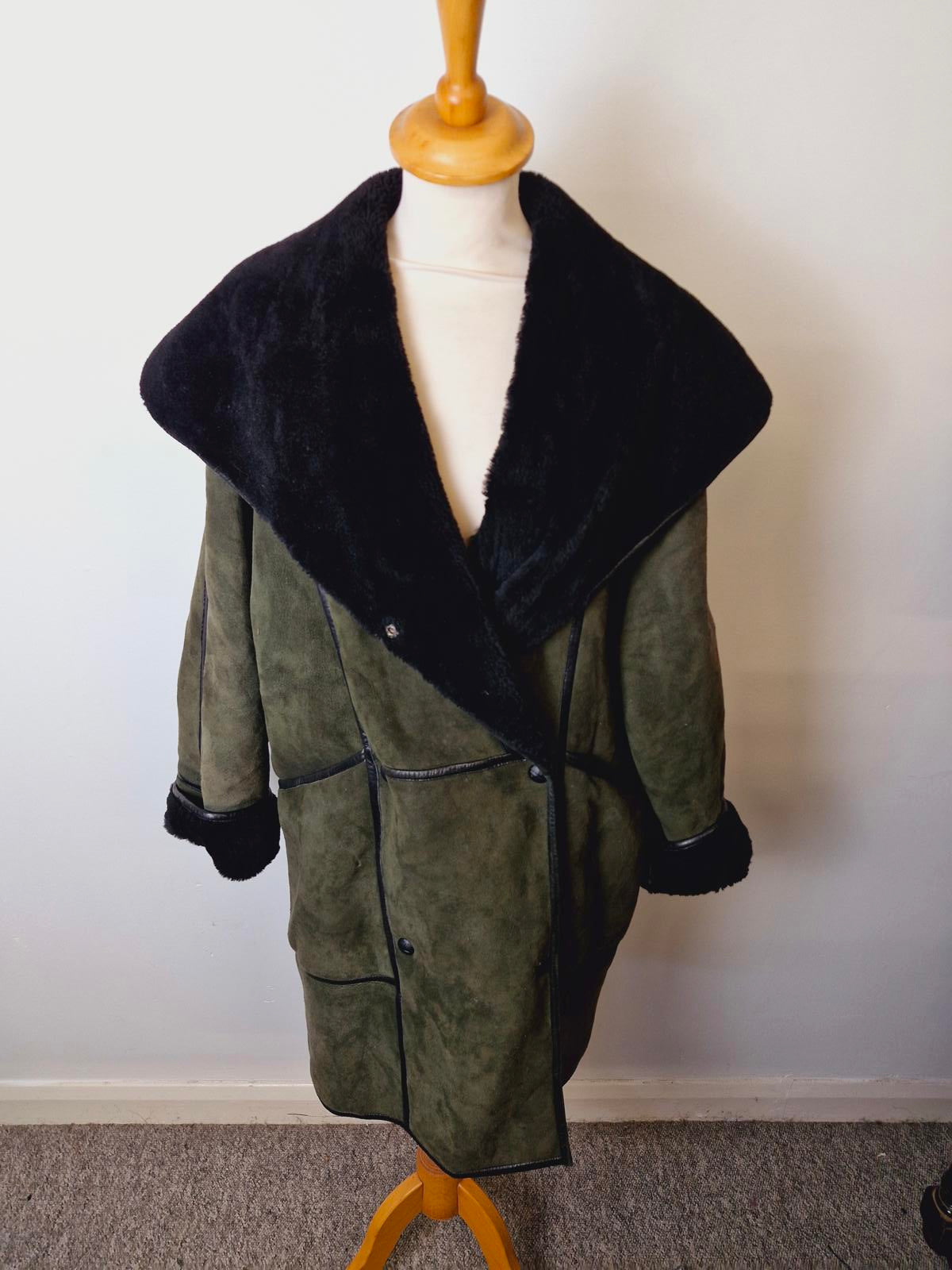 Womens Vintage Suede Sheepskin Shearling Leather Coat Jacket Green Black UK14