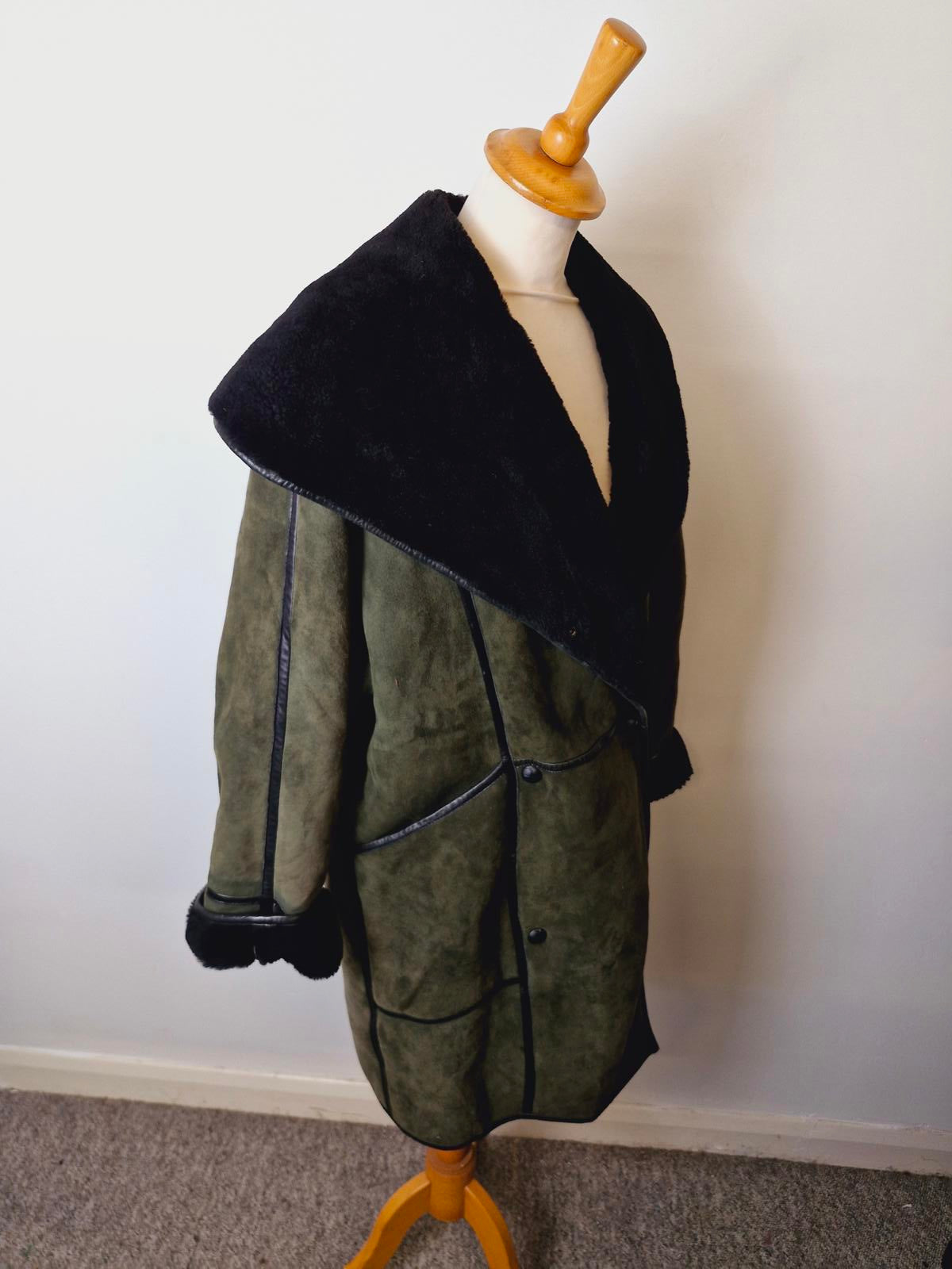 Womens Vintage Suede Sheepskin Shearling Leather Coat Jacket Green Black UK14