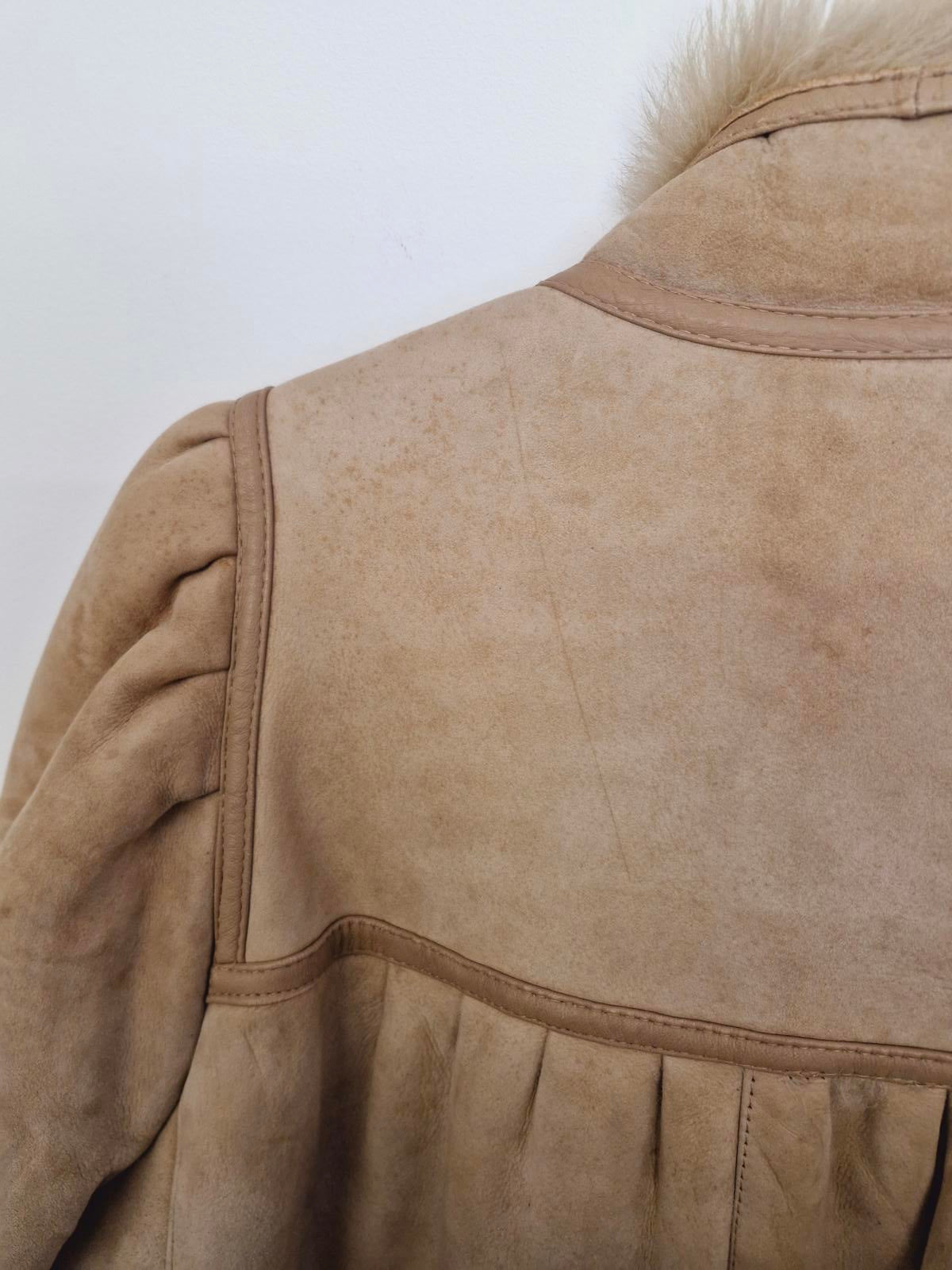 Womens Vintage 70s Real Suede Sheepskin Shearling Beige Coat Jacket M UK12