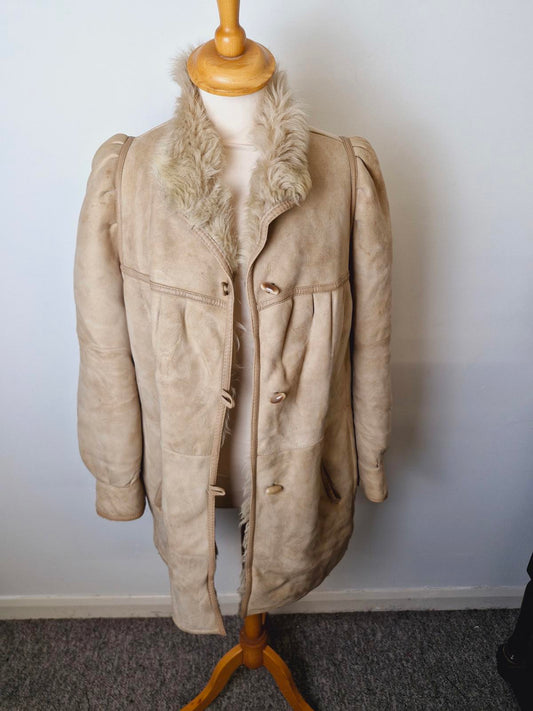 Womens Vintage 70s Real Suede Sheepskin Shearling Beige Coat Jacket M UK12