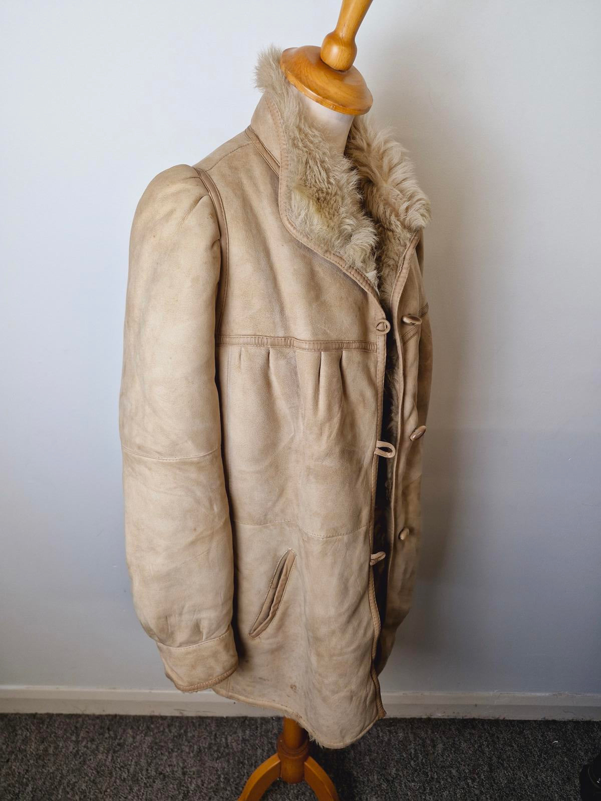 Womens Vintage 70s Real Suede Sheepskin Shearling Beige Coat Jacket M UK12