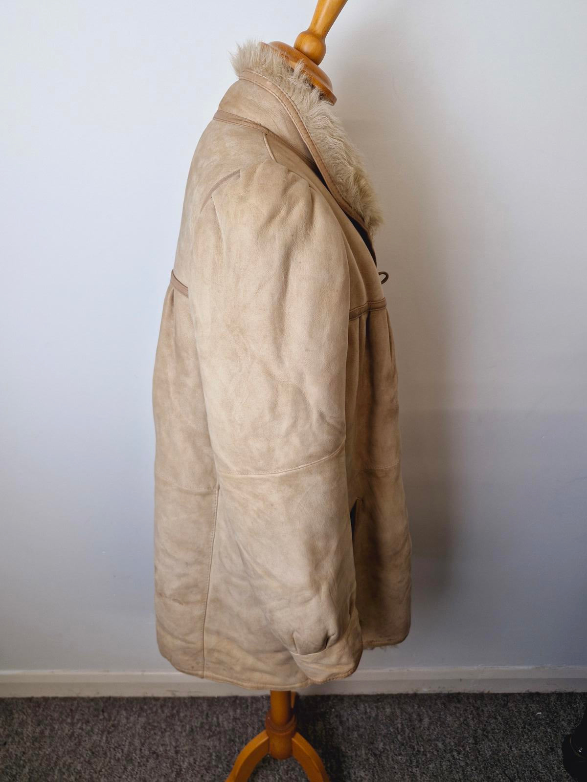 Womens Vintage 70s Real Suede Sheepskin Shearling Beige Coat Jacket M UK12