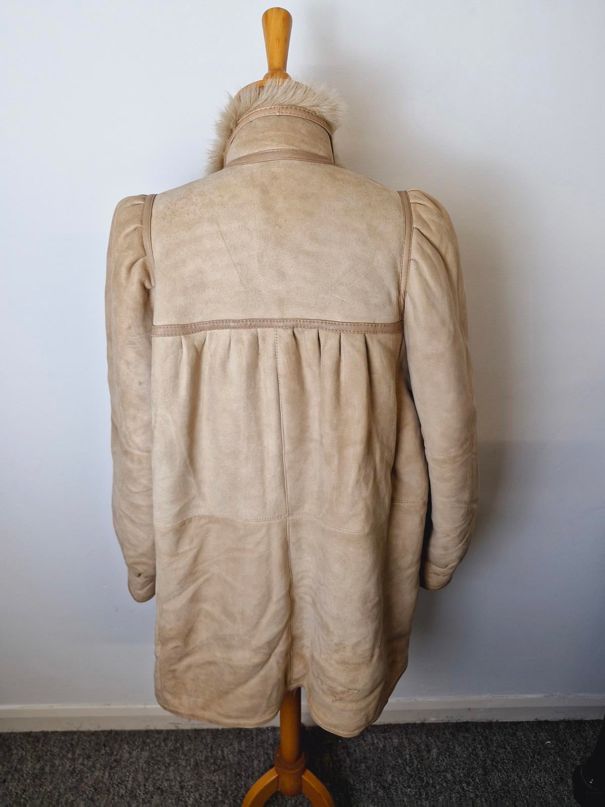Womens Vintage 70s Real Suede Sheepskin Shearling Beige Coat Jacket M UK12
