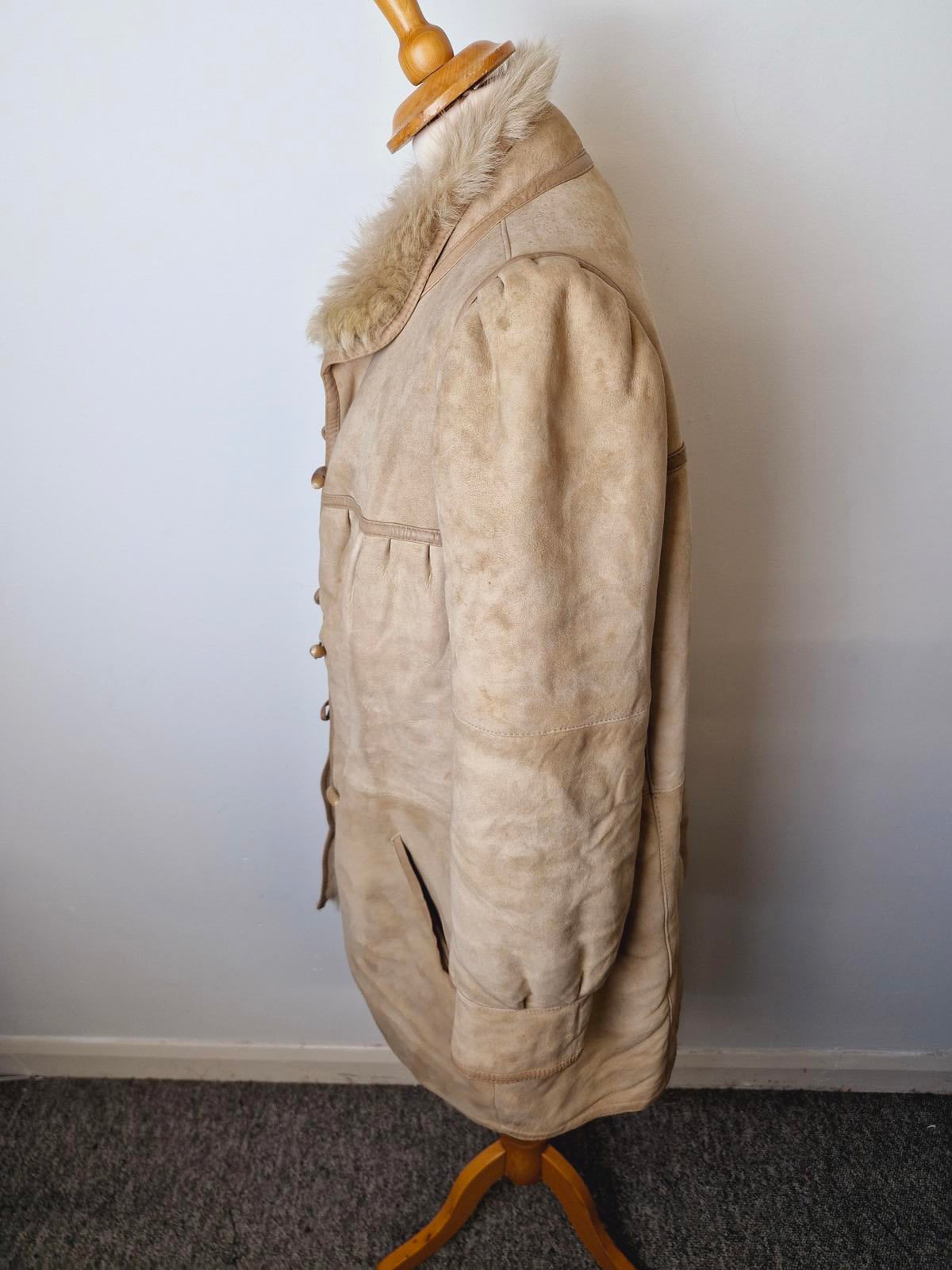 Womens Vintage 70s Real Suede Sheepskin Shearling Beige Coat Jacket M UK12