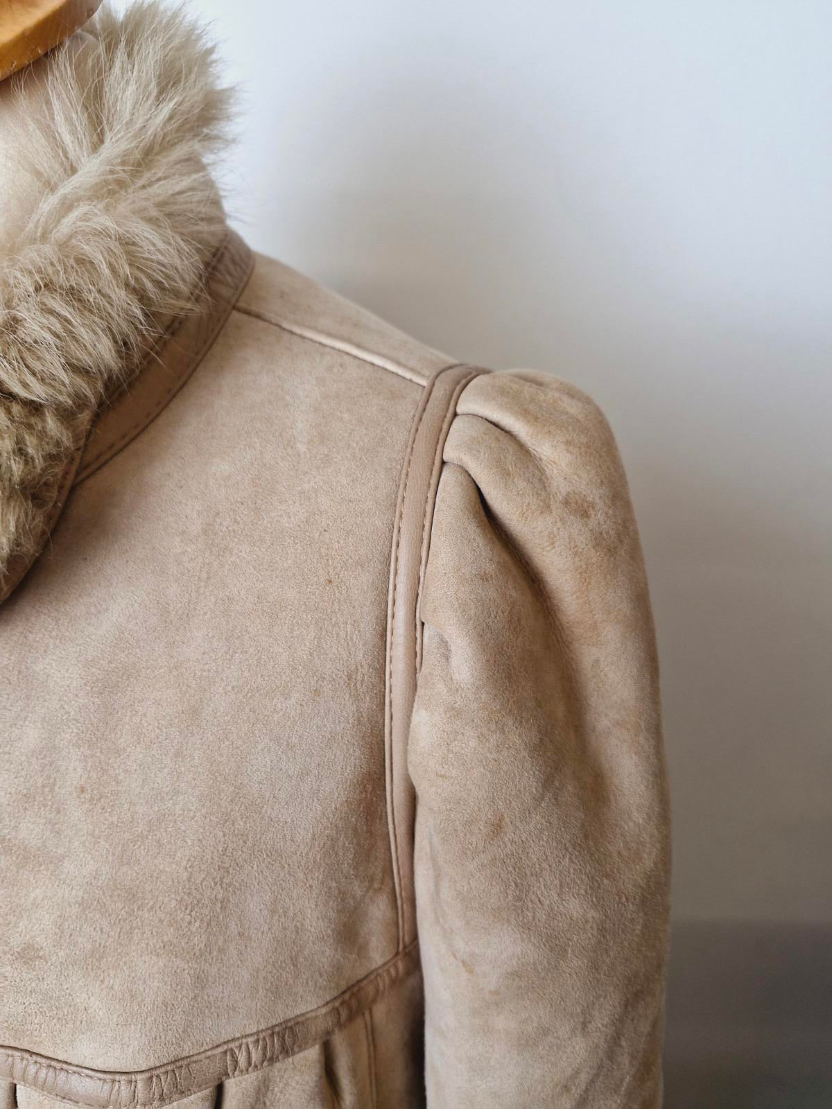 Womens Vintage 70s Real Suede Sheepskin Shearling Beige Coat Jacket M UK12