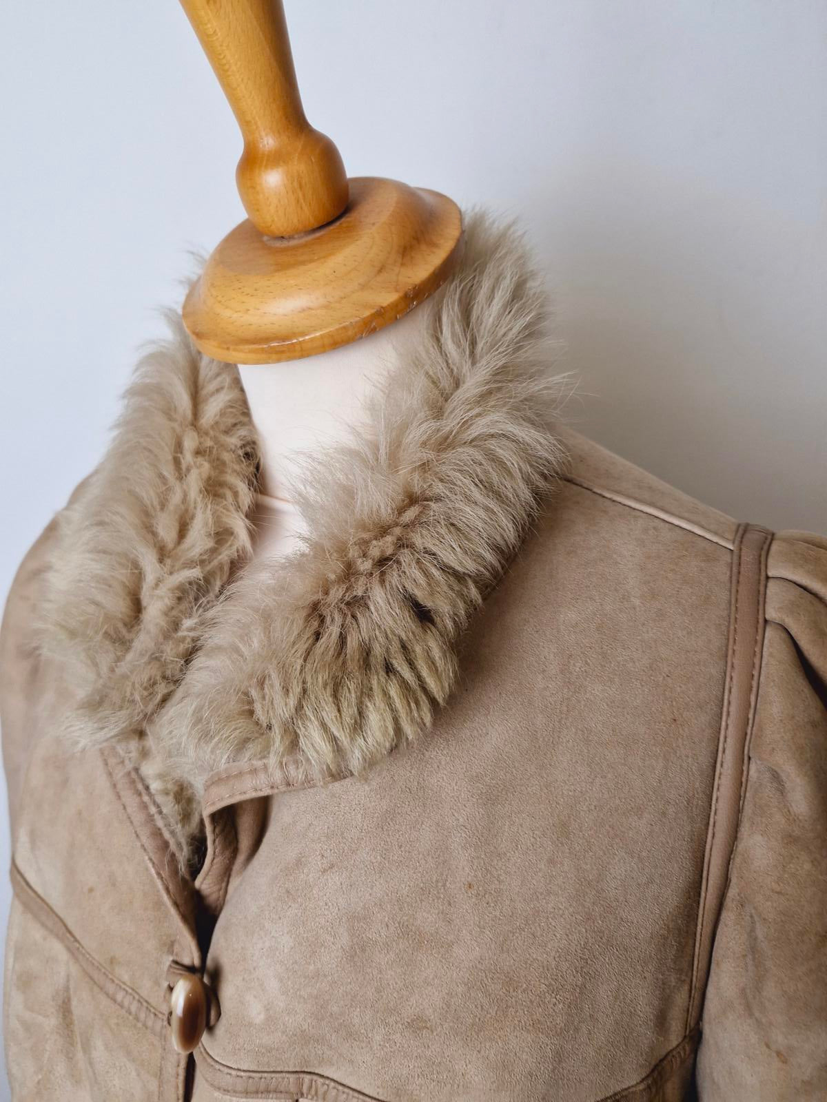 Womens Vintage 70s Real Suede Sheepskin Shearling Beige Coat Jacket M UK12