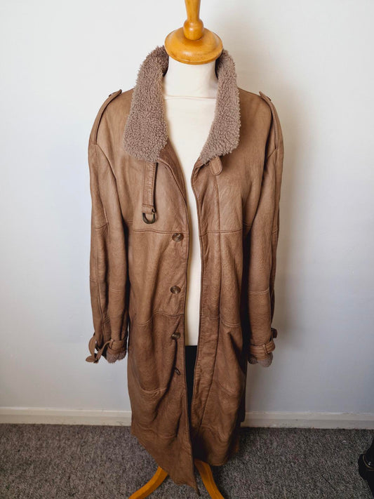 Womens Vintage Long Maxi Leather Sheepskin Shearling Coat Jacket L