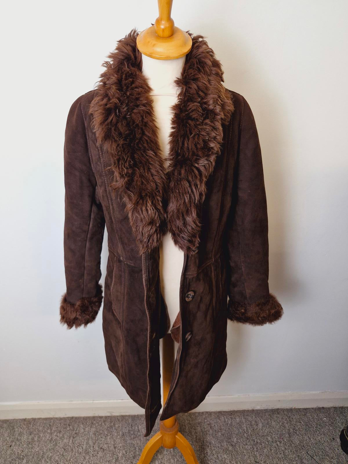 Womens Vintage 70s Sheepskin Suede Shearling Coat Jacket Afghan Penny Lane XS