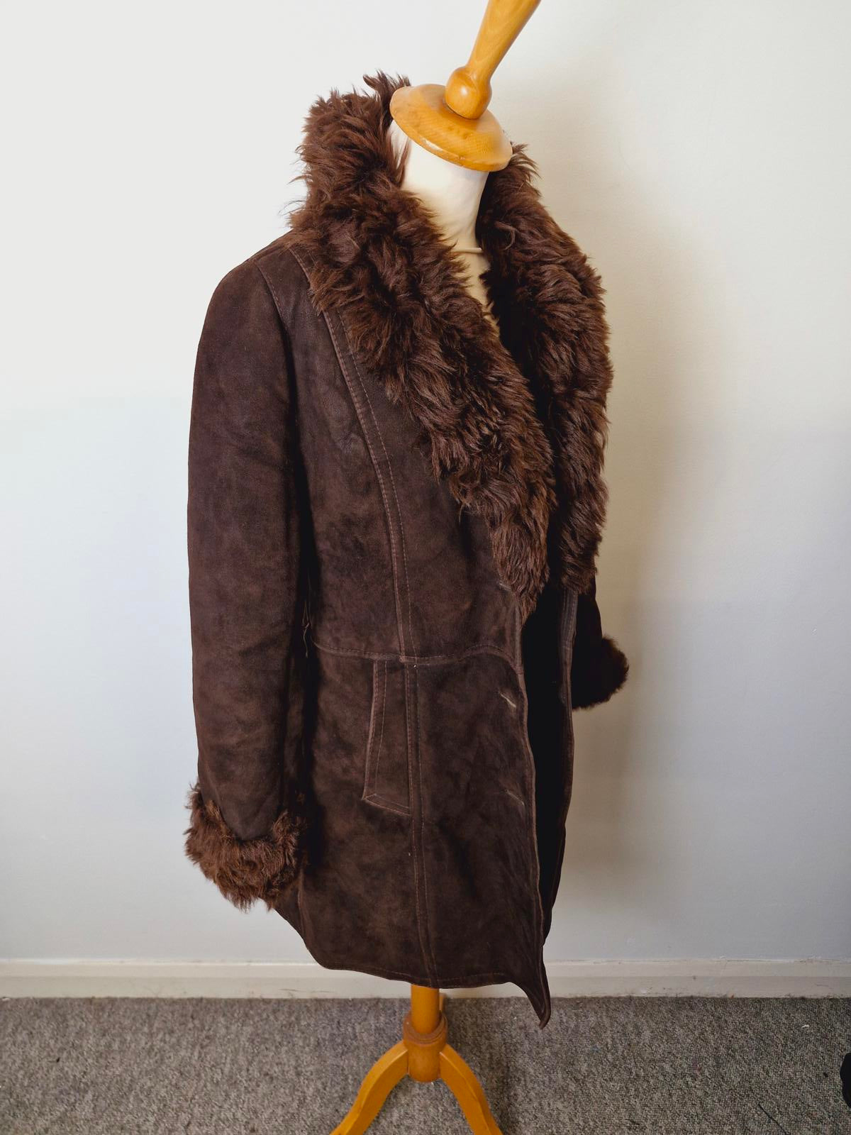 Womens Vintage 70s Sheepskin Suede Shearling Coat Jacket Afghan Penny Lane XS