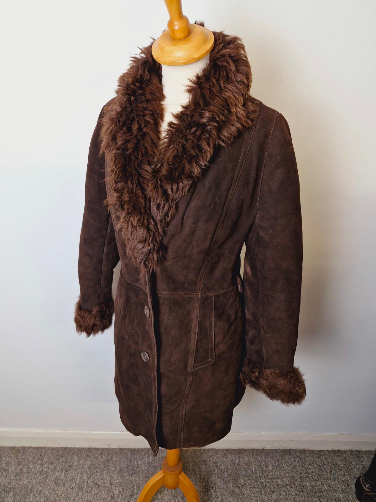 Womens Vintage 70s Sheepskin Suede Shearling Coat Jacket Afghan Penny Lane XS