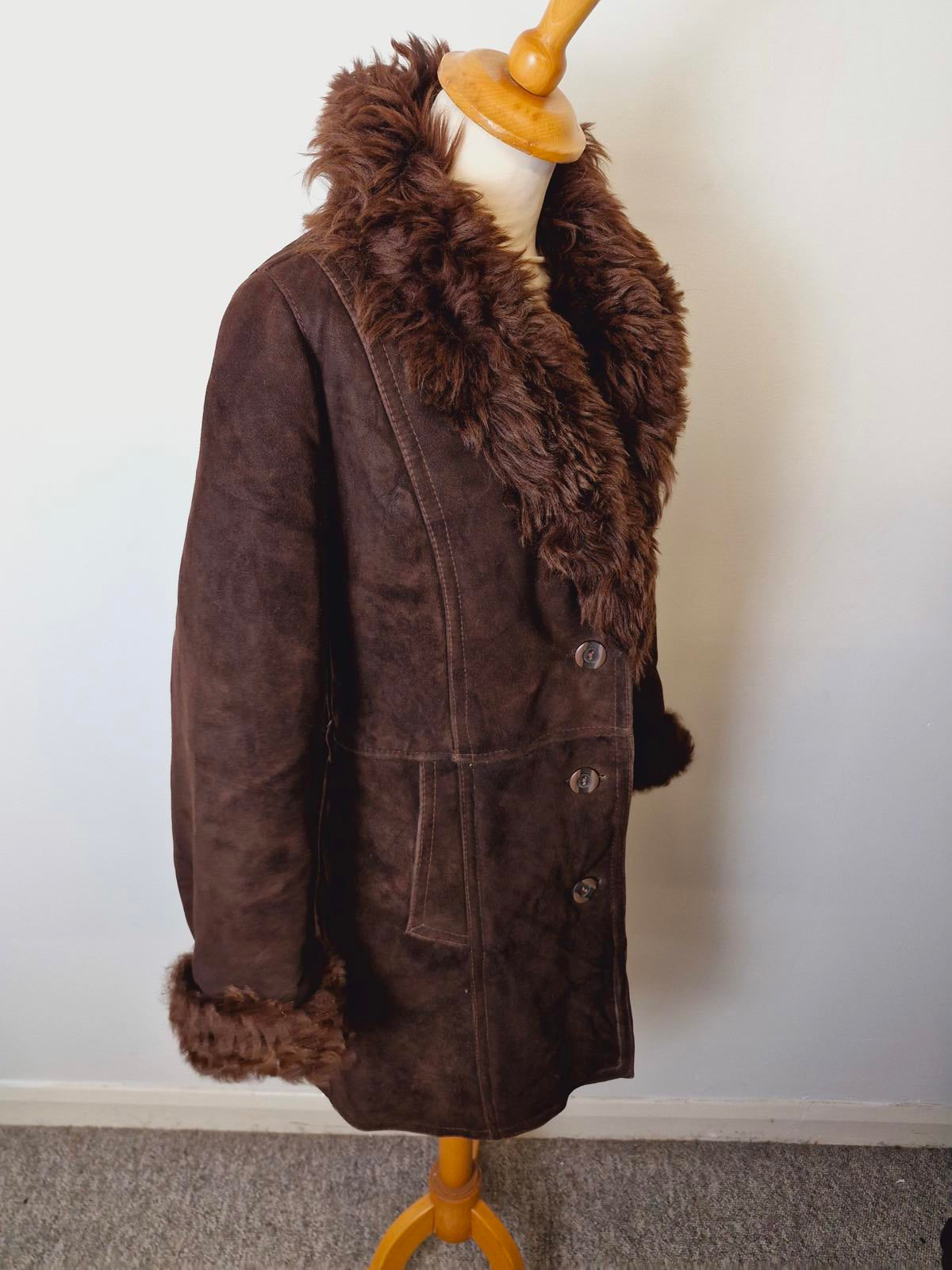 Womens Vintage 70s Sheepskin Suede Shearling Coat Jacket Afghan Penny Lane XS
