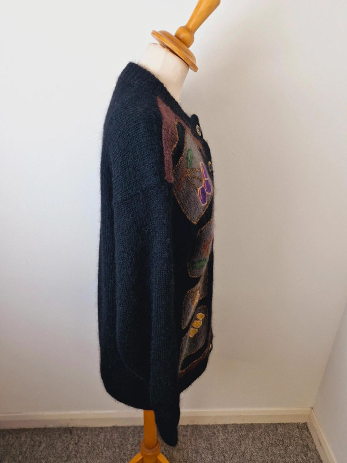 Womens Vintage Mohair Blend Black Cardigan Jacket Jumper L UK16