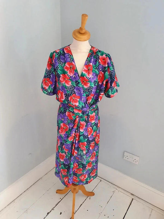 Womens Vintage Retro tea Midi wrap dress UK10 S M