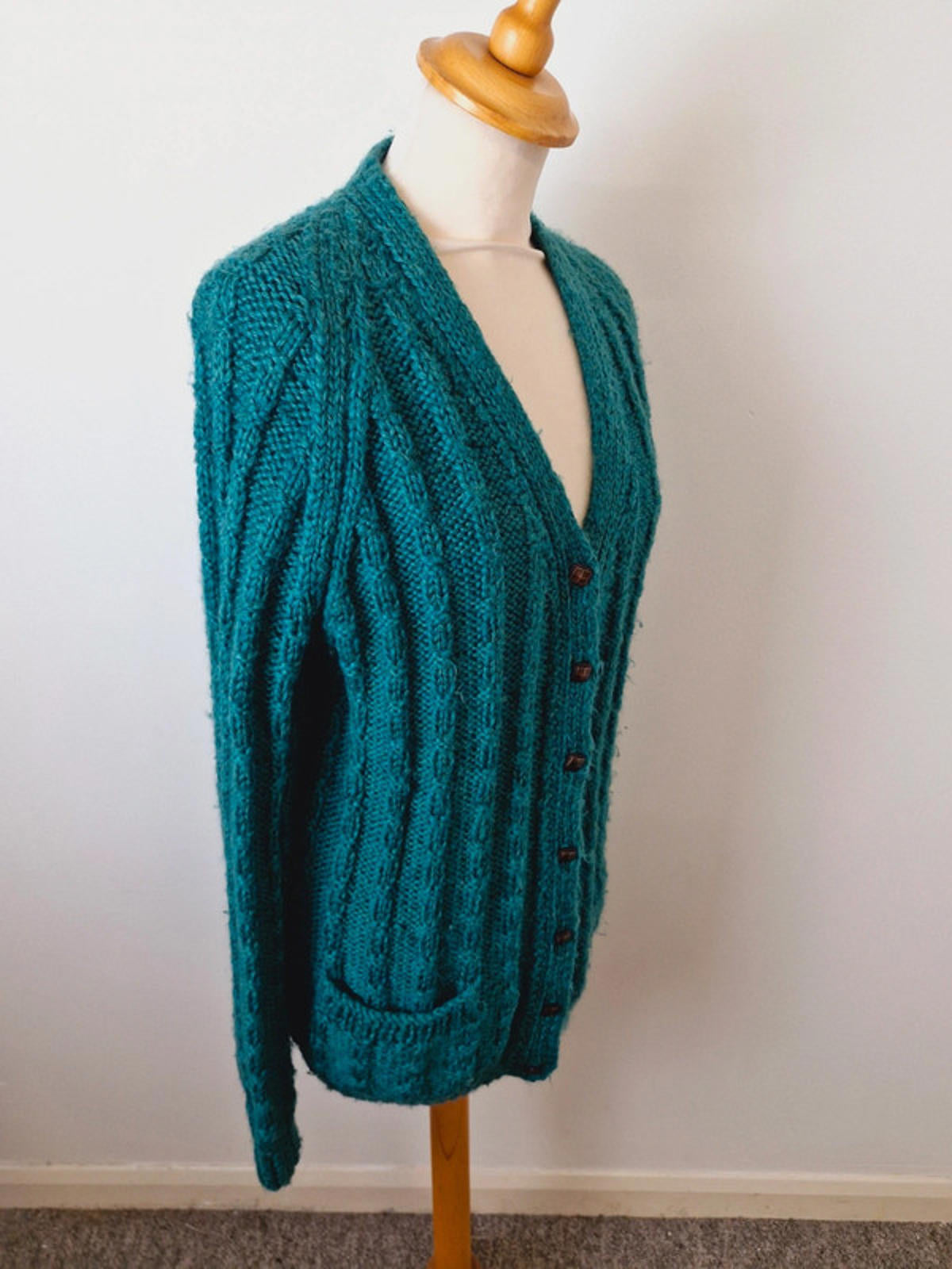 Womens Vintage Handknitted Knitted Long Cardigan Green Cable Knit M L UK14