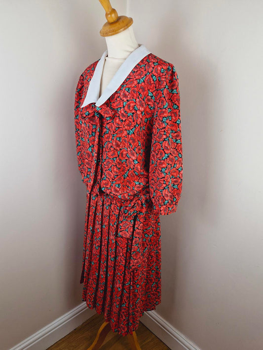 Womens Vintage 80s Red Green Floral Long Midi Dress UK14 M L