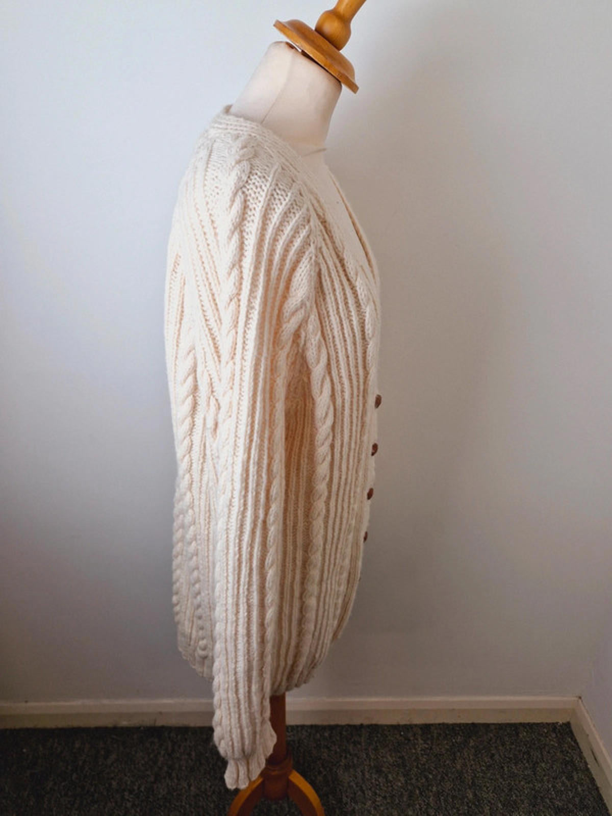 Womens Vintage Handknitted Knitted Cream Cable Knit Long Cardigan L UK16